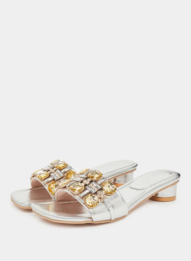 Take Two Women Silver Embellished Black Heel Sandals